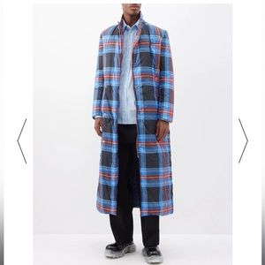 blue, tartan-checked over coat.